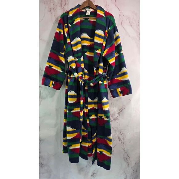 Vintage Southwestern Robe Mens Large Aztec Fleece Bath Heavyweight Red Blue 90s - Picture 1 of 11